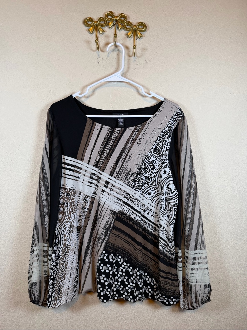 Alfani Mixed-Print Long-Sleeve Blouse in Black, White, and Taupe. Size XL
